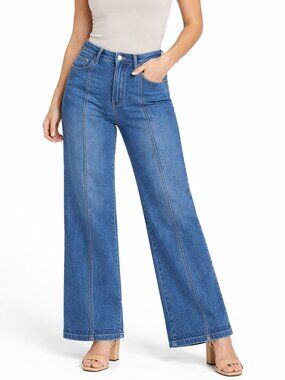 Evaless Women’s Size 6 High Rise Wide Leg Trouser Jeans Dark Wash Stretch Denim